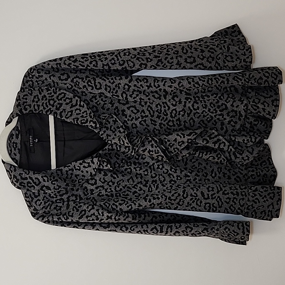 Sandro Studio Black Grey Leopard Print Ruffle Front Belted Blazer Size Small - Picture 4 of 16